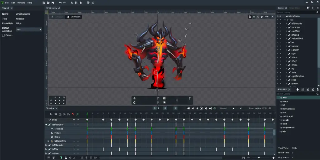 Demonstration of the skeletal animation screen in DragonBones