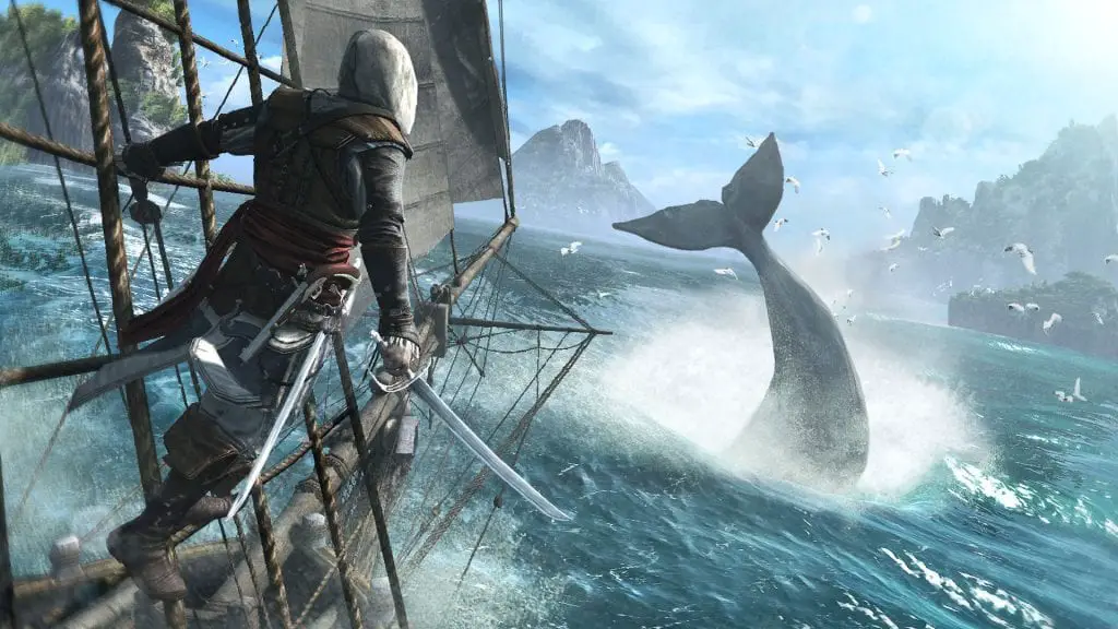 Demonstrate the stunning visuals in the open-world pirate game Assassins Creed 4.