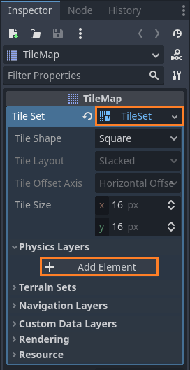 step 1 (b) in how to add collision to tilemaps is to add a physics element to the tileset