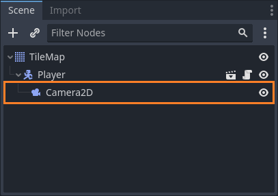 Demonstrates how to set up the 2D camera node in the scene tree hierarchy.