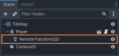 Shows how to set up the RemoteTransform2D node that updates the 2D camera in the scene tree hierarchy.