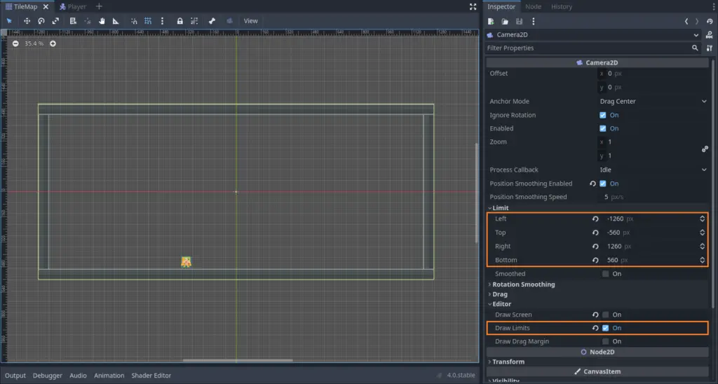 Shows how to set boundaries for the 2D camera.