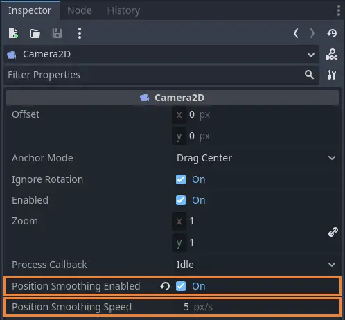 Shows how to enable position smoothing for the 2D camera.