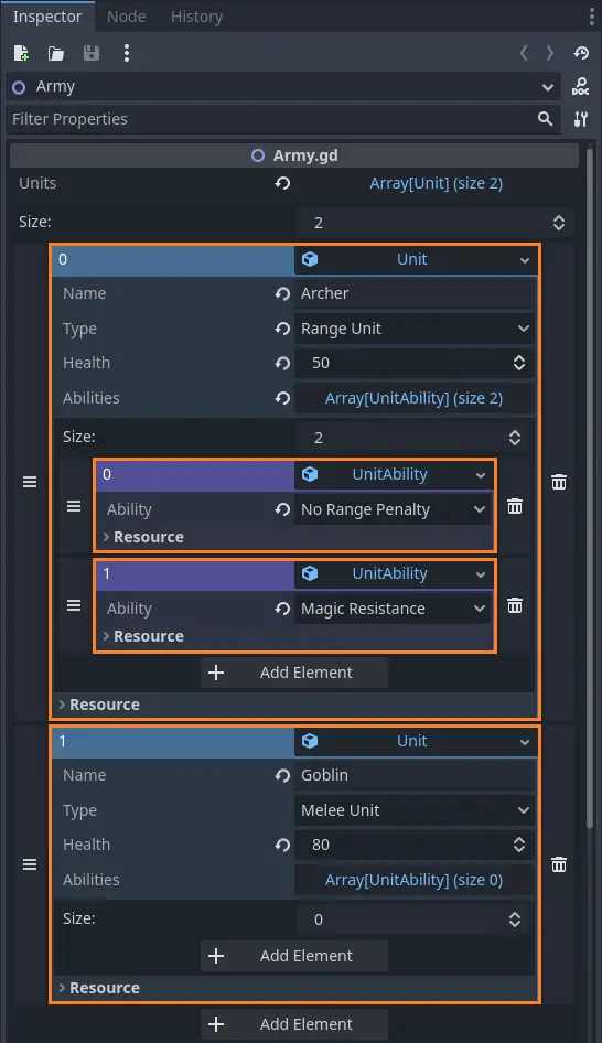 Illustration of filling the data in data containers through the Godot editor