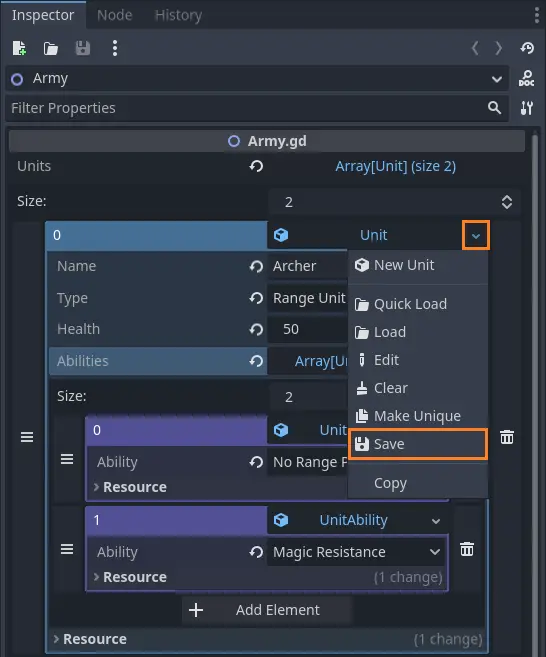 Illustration of saving and loading the data of data containers in the Godot editor, using the resource serialization ability.