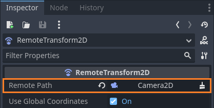 Shows how to connect the RemoteTransform2D node to the scene's 2D camera.