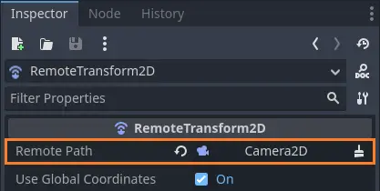 Shows how to connect the RemoteTransform2D node to the scene's 2D camera.
