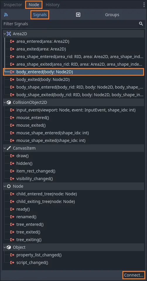 Connecting Signals Through the Godot Editor