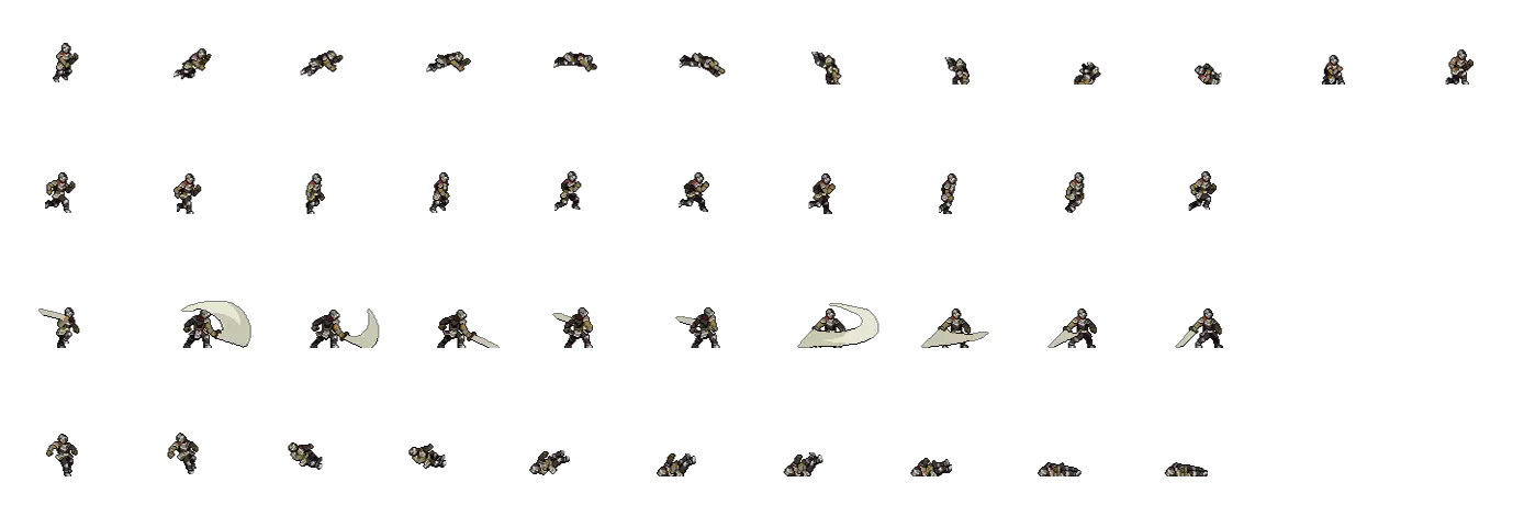 sprite sheets example: knight running, rolling, attacking and dying.