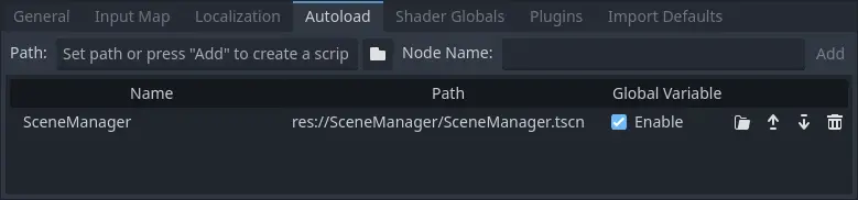 Adding the Scene Manager node to Godot's Autoload system