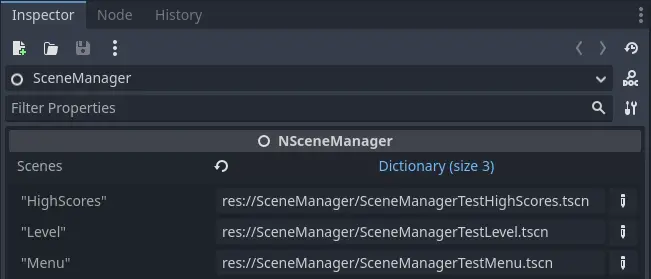 Screenshot of the list of scenes in the Scene Manager example project