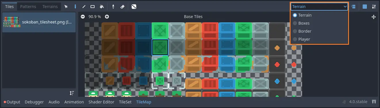 Opening the tilemap layers drop-down box and selecting a tilemap layer in Godot 4