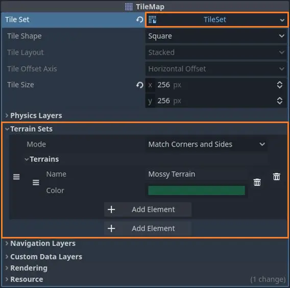 Creating new tilemap terrain sets and tilemap terrains in Godot 4
