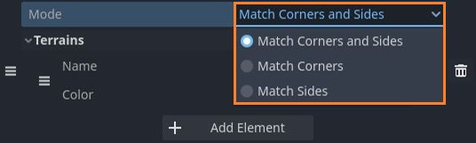 Selecting the tile matching mode for the terrain set in Godot 4