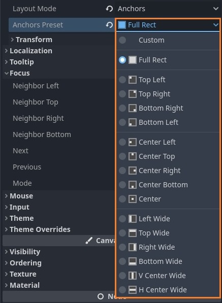 Anchor Preset property of the Control node in Godot 4