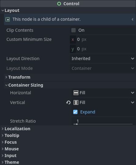 Inspector panel of the UI control node in Godot 4