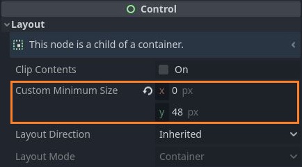 Custom Minimum Size property of the Control node in Godot 4