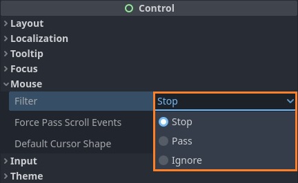 Mouse section of the Control node in Godot 4