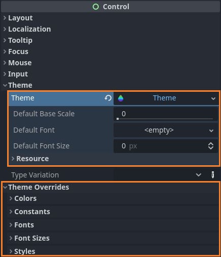 Themes and Theme Overrides sections of the Control node in Godot 4