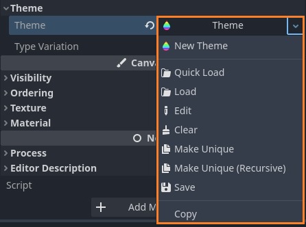 Theme resource menu of a node in Godot 4