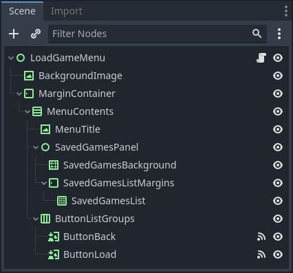 Scene tree of the 'Load Game' user interface menu in Godot 4