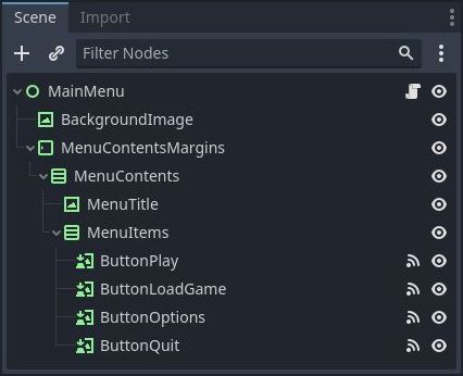 Scene tree of the 'Main' user interface menu scene in Godot 4