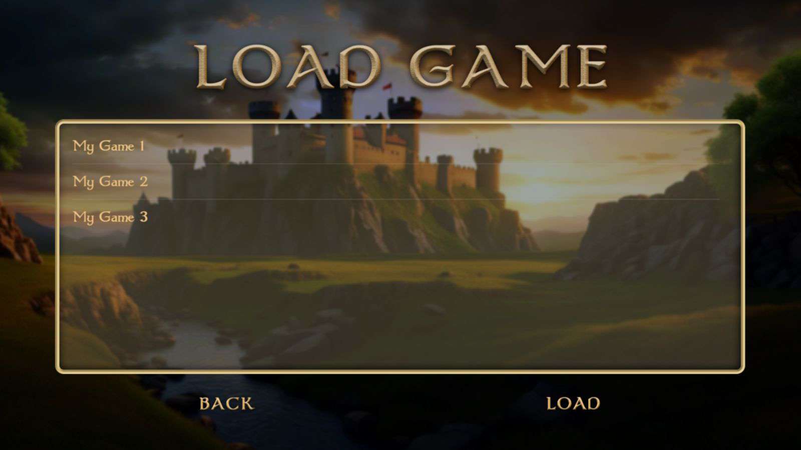 The 'Load Game' user interface scene of the example 'Medieval Times' game created in the Godot 4 engine