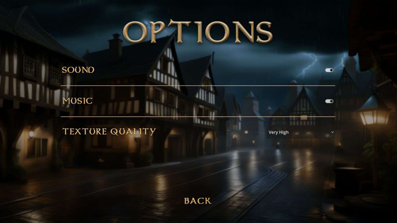 The 'Options' user interface menu scene of the example 'Medieval Times' game created in the Godot 4 engine