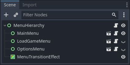 Scene tree of the 'Menu Hierarchy' user interface menu scene in Godot 4
