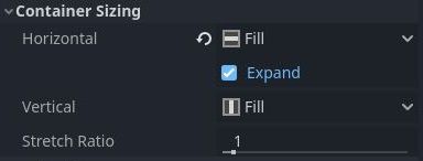 Container sizing properties of the option fields in the 'Options' user interface menu scene in Godot 4