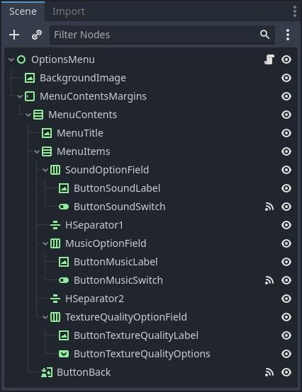 Scene tree of the 'Options' user interface menu scene in Godot 4