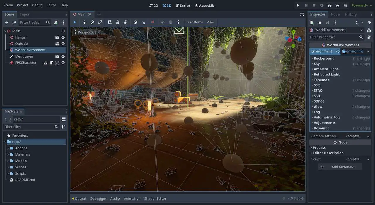 Godot 4 editor with a 3D world environment
