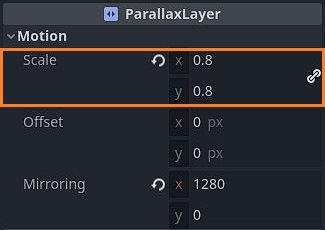 The Scale property in the Motion section of the ParallaxLayer node Inspector in Godot 4