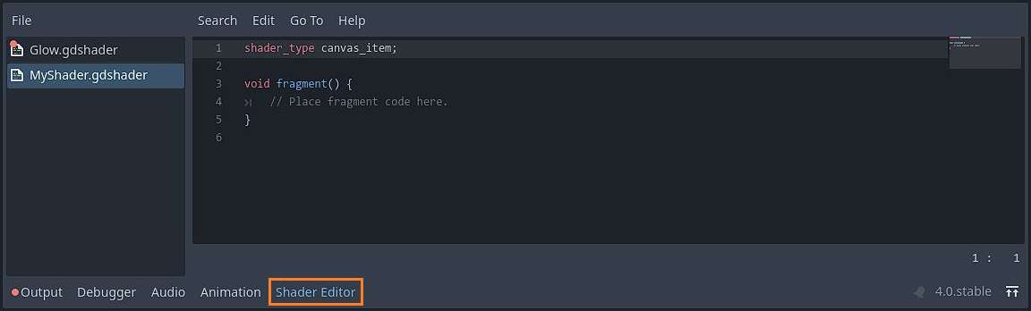 Opening the shader editor in Godot 4