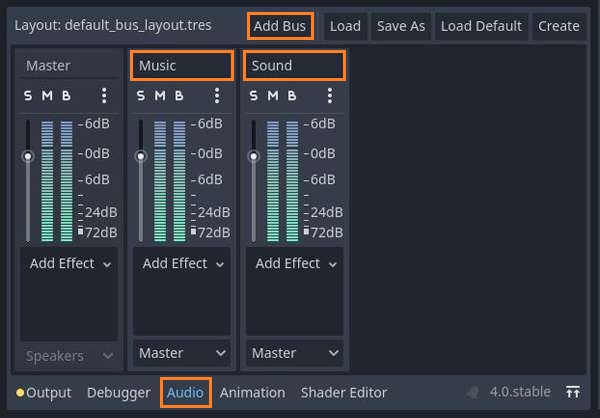 Godot's audio bus layout tab with extra 'Music' and 'Sound' buses.