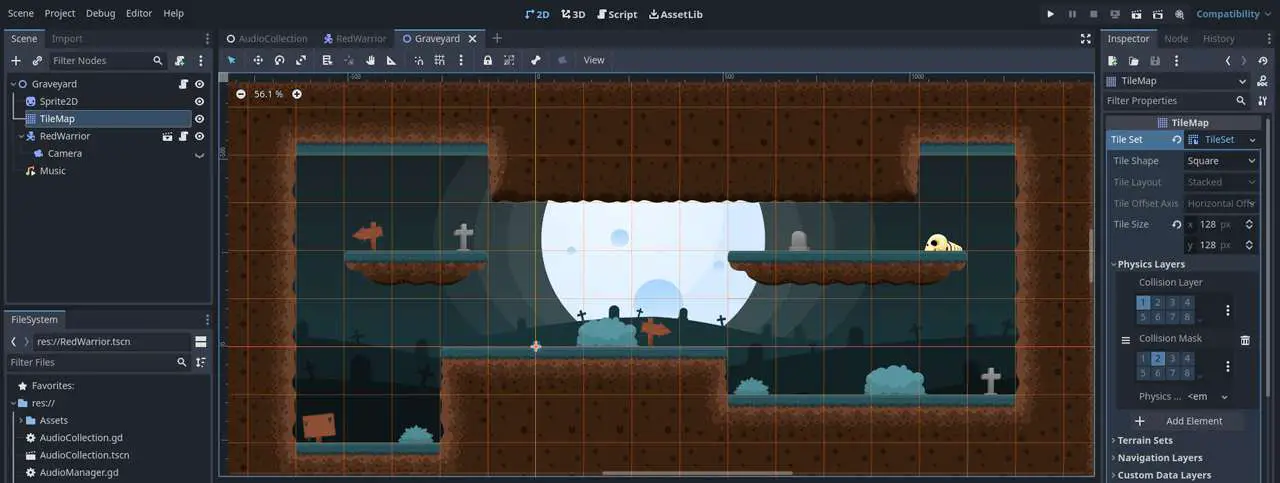 Using the Audio System: 2D platformer example project in the Godot editor
