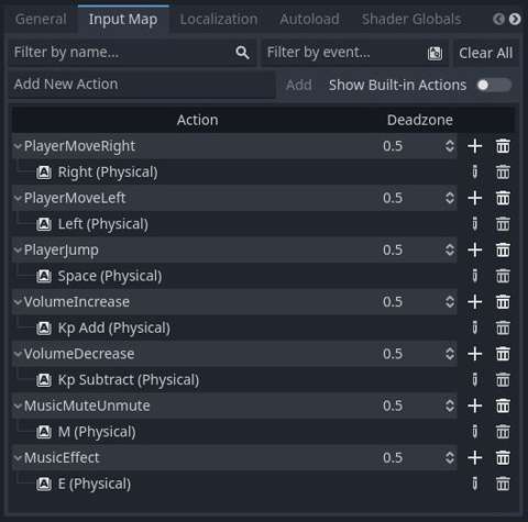 Using the Audio System: input map for the 2D platformer example project.
