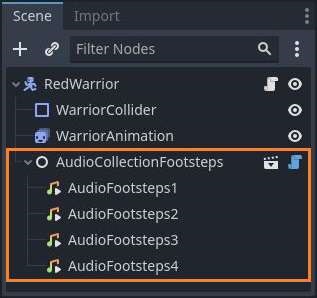 Scene tree with a custom AudioCollection node which has several AudioStreamPlayer nodes as children