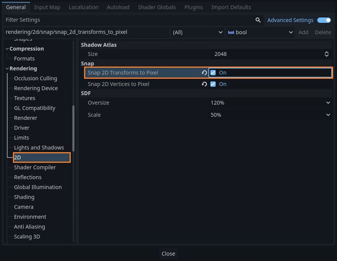 2D snap to pixel settings in the Project Settings in Godot 4 game engine