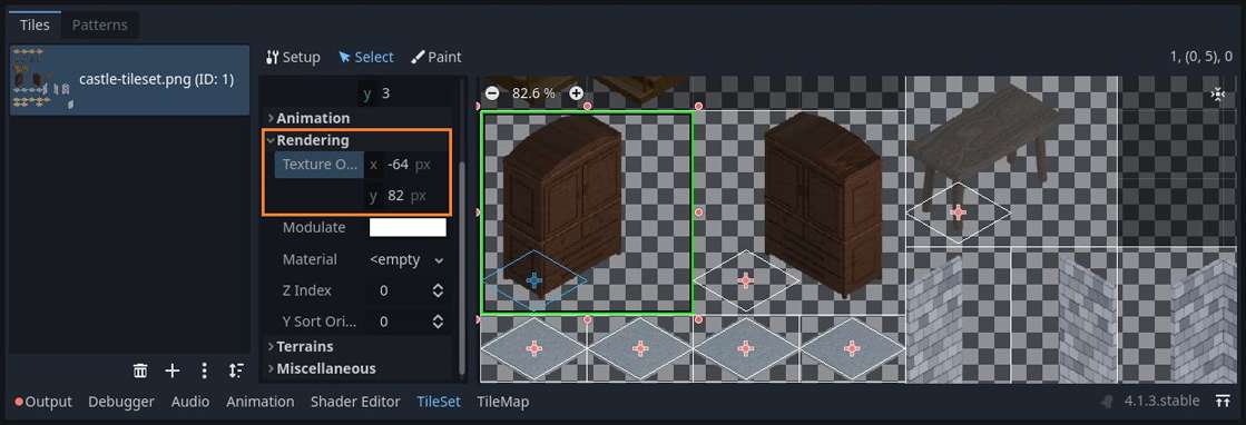 TileSet editor with modified Texture Origin settings in Godot 4