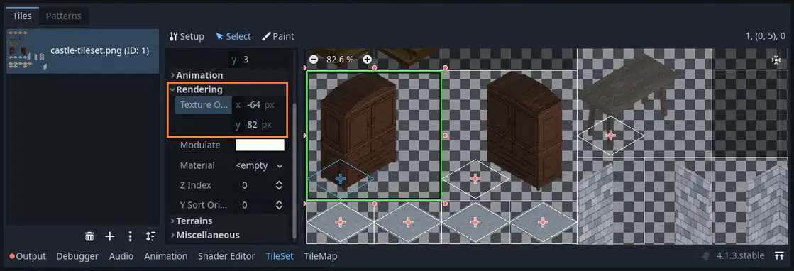 TileSet editor with modified Texture Origin settings in Godot 4