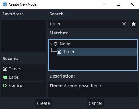 Create New Node panel with Timer node selected in Godot