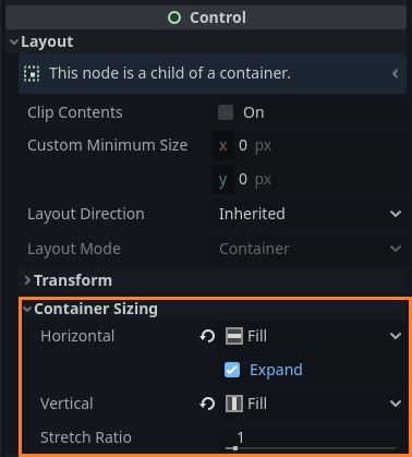 Container Sizing properties of a Control node in Godot