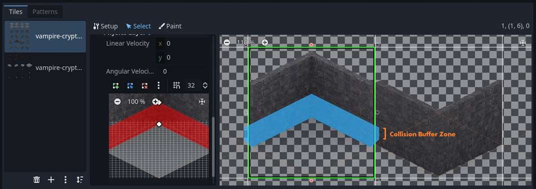 Definition of tile collision with buffer zone in a Tilemap node in Godot