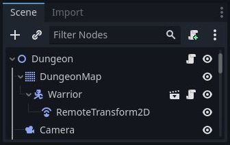 Dungeon scene tree and the relationship between the Tilemap node and Warrior scene in Godot