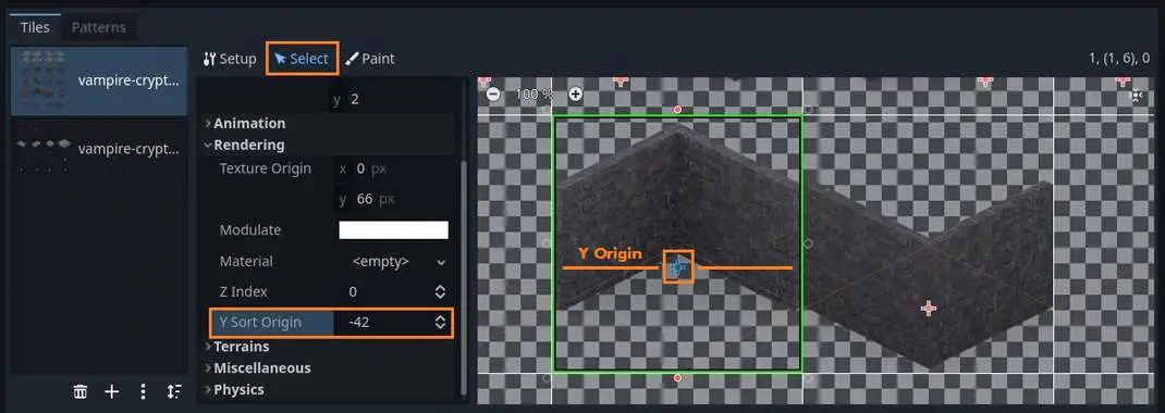 Definition of the Y origin of a tile in a Tilemap node in Godot