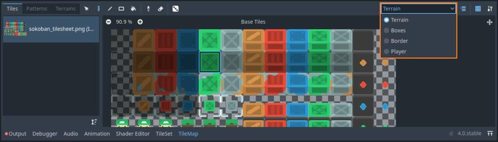 Opening the tilemap layers drop-down box and selecting a tilemap layer in Godot 4