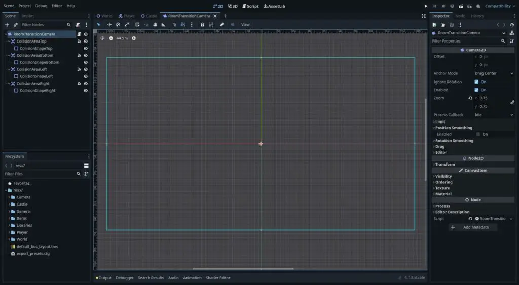 Room transition camera scene implemented in Godot 4